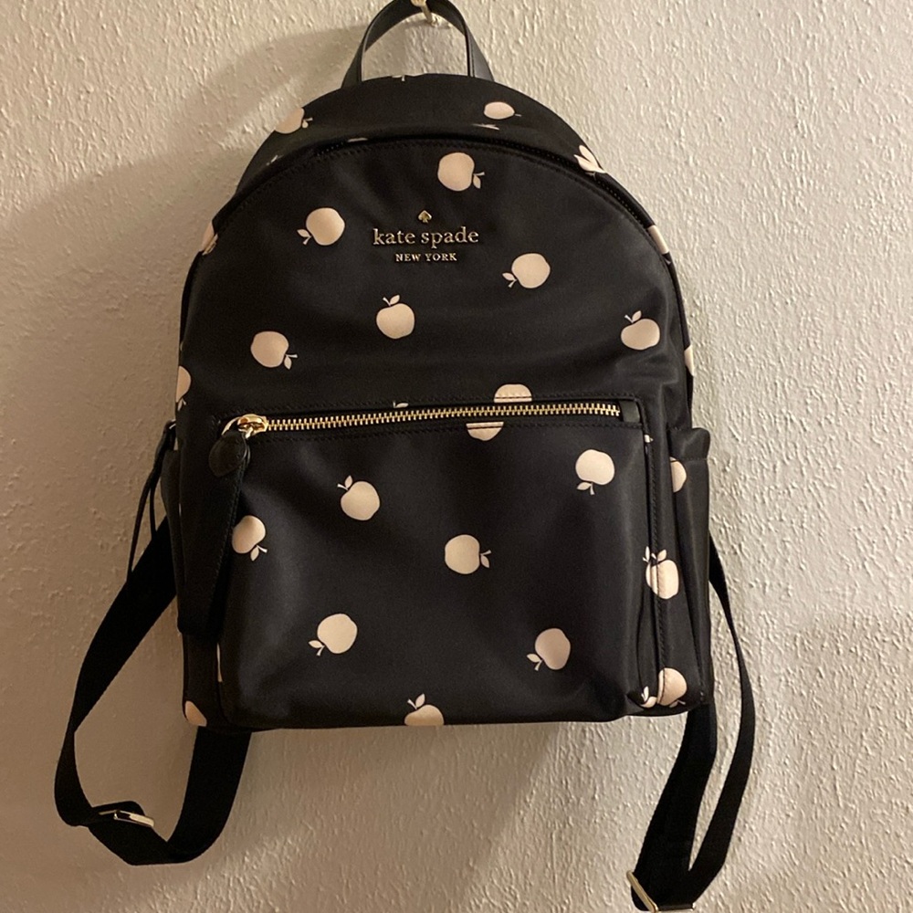 Kate Spade Chelsea Nylon Back Pack Black with Apple Print